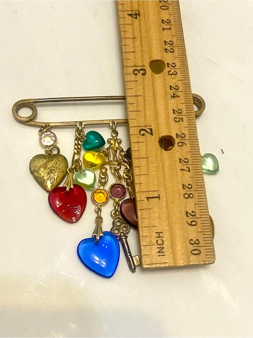 Vintage Glass Heart Multi Color Safety Pin Charm Brooch